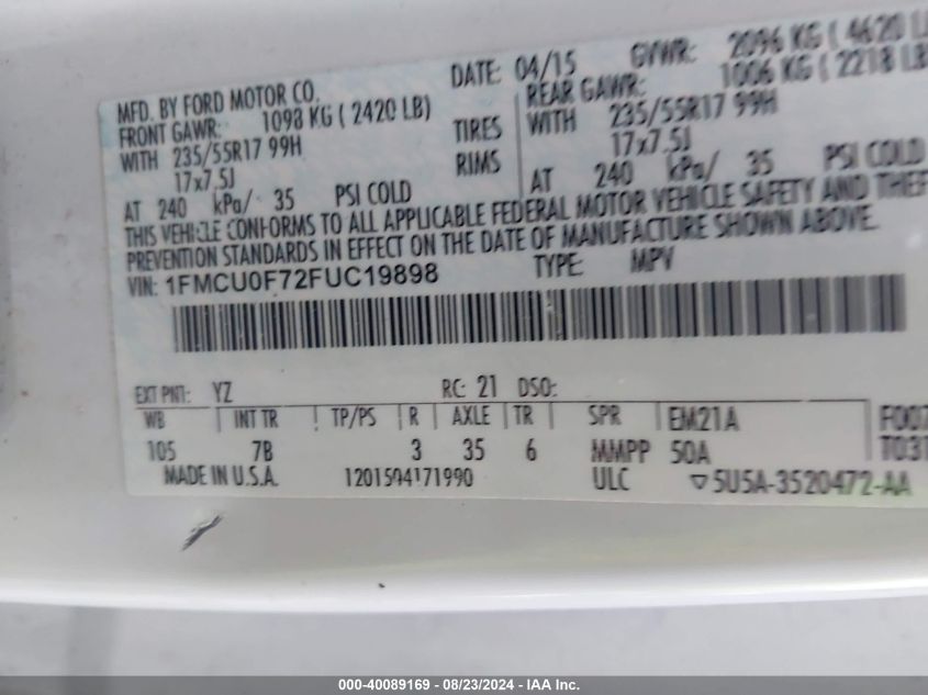 2015 Ford Escape S VIN: 1FMCU0F72FUC19898 Lot: 40089169