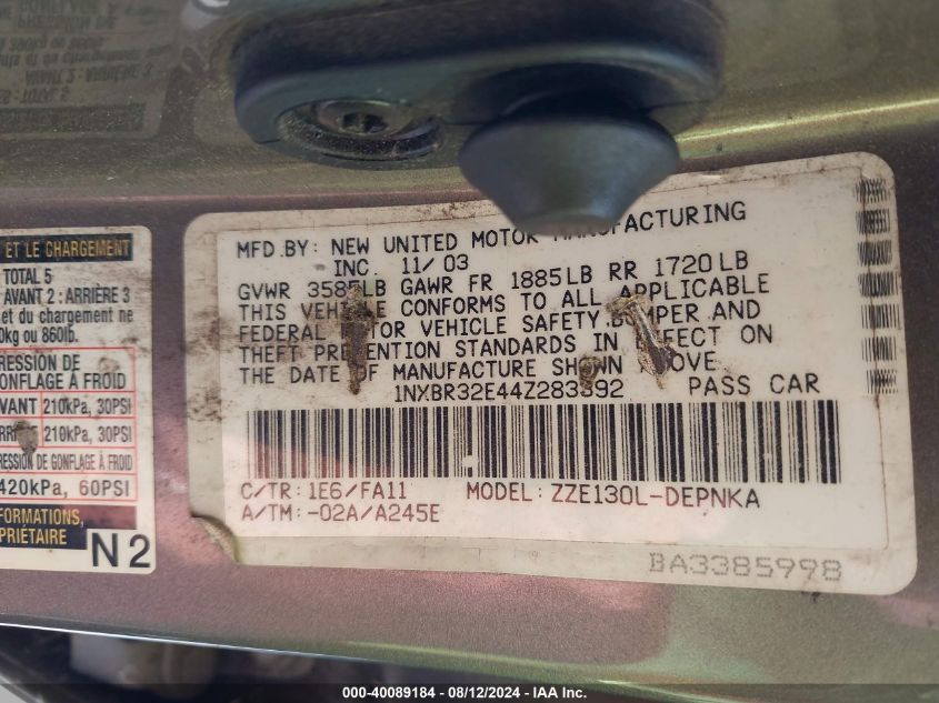 2004 Toyota Corolla Le VIN: 1NXBR32E44Z283392 Lot: 40089184