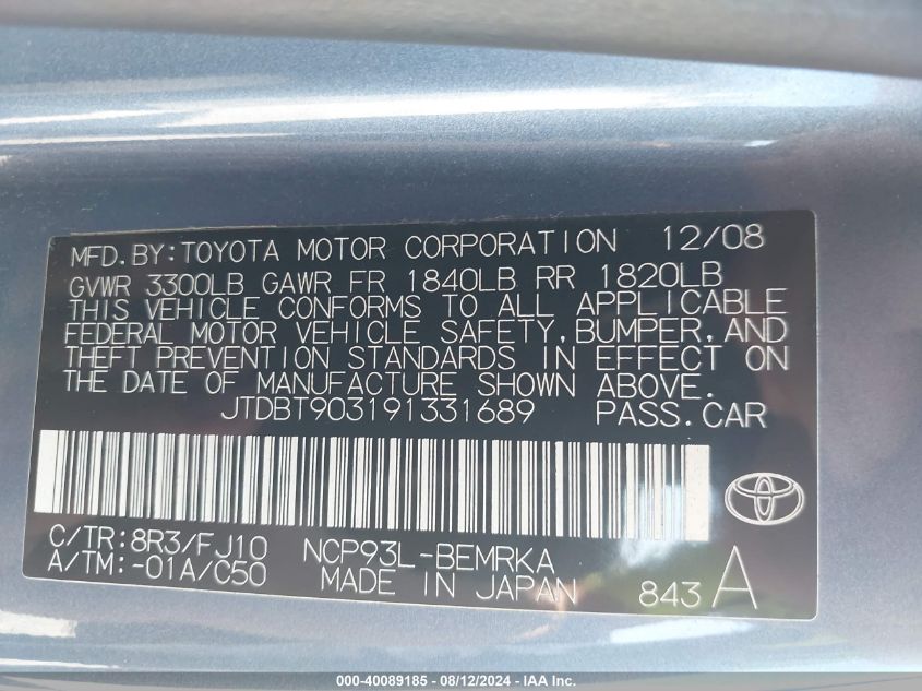 2009 Toyota Yaris VIN: JTDBT903191331689 Lot: 40089185