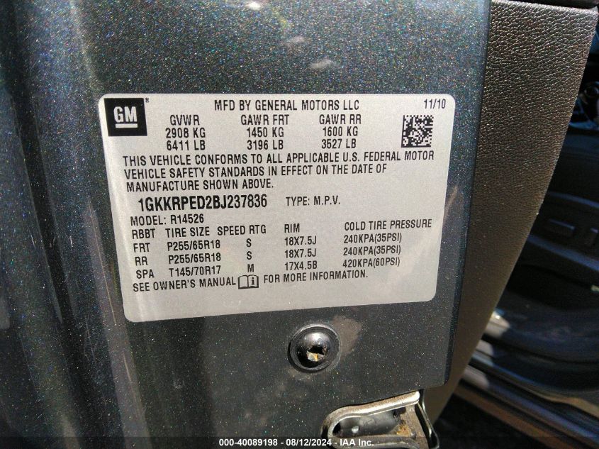2011 GMC Acadia Sle VIN: 1GKKRPED2BJ237836 Lot: 40089198