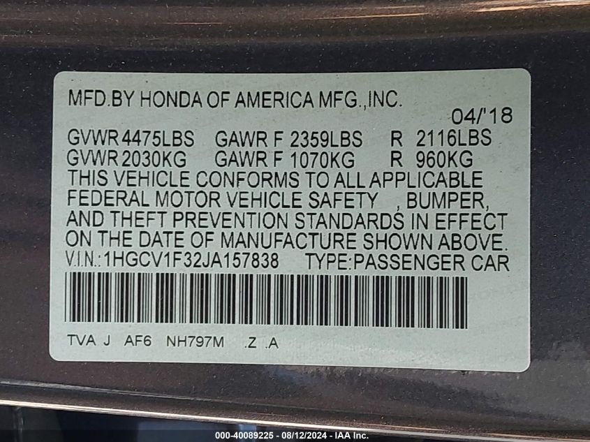 2018 Honda Accord Sport VIN: 1HGCV1F32JA157838 Lot: 40089225