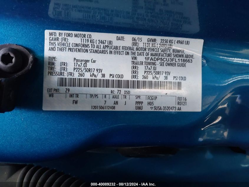 2015 Ford C-Max Energi Sel VIN: 1FADP5CU3FL118663 Lot: 40089232