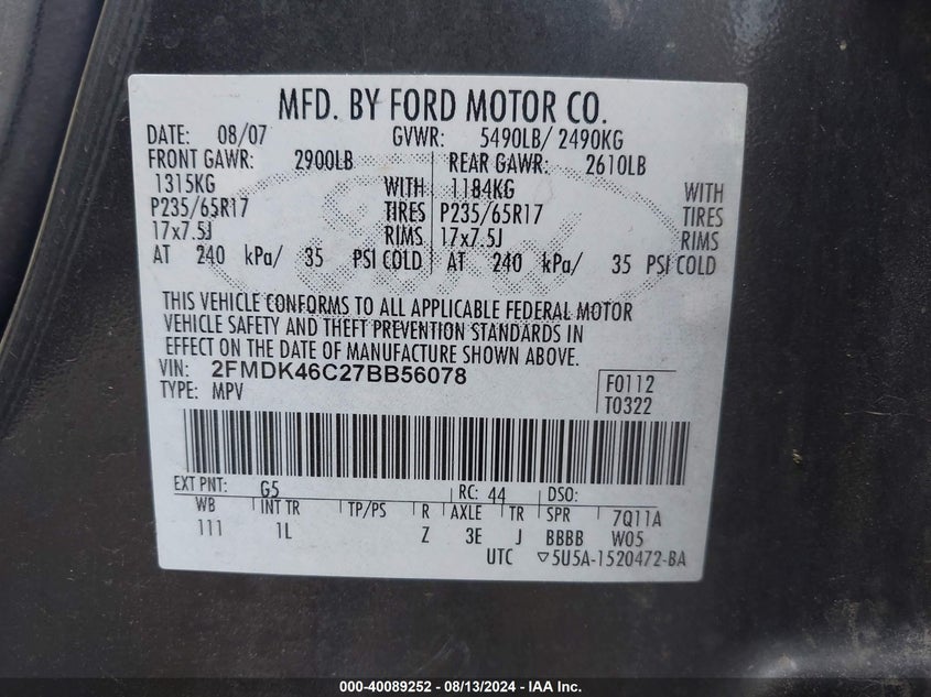 2007 Ford Edge Se VIN: 2FMDK46C27BB56078 Lot: 40089252