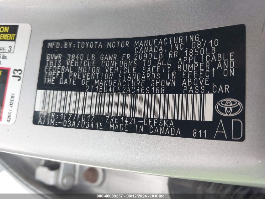 2010 Toyota Corolla S VIN: 2T1BU4EE2AC469168 Lot: 40089257