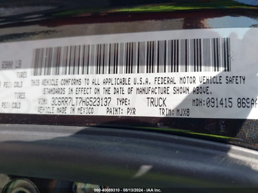 2017 Ram 1500 Slt VIN: 3C6RR7LT7HG523137 Lot: 40089310