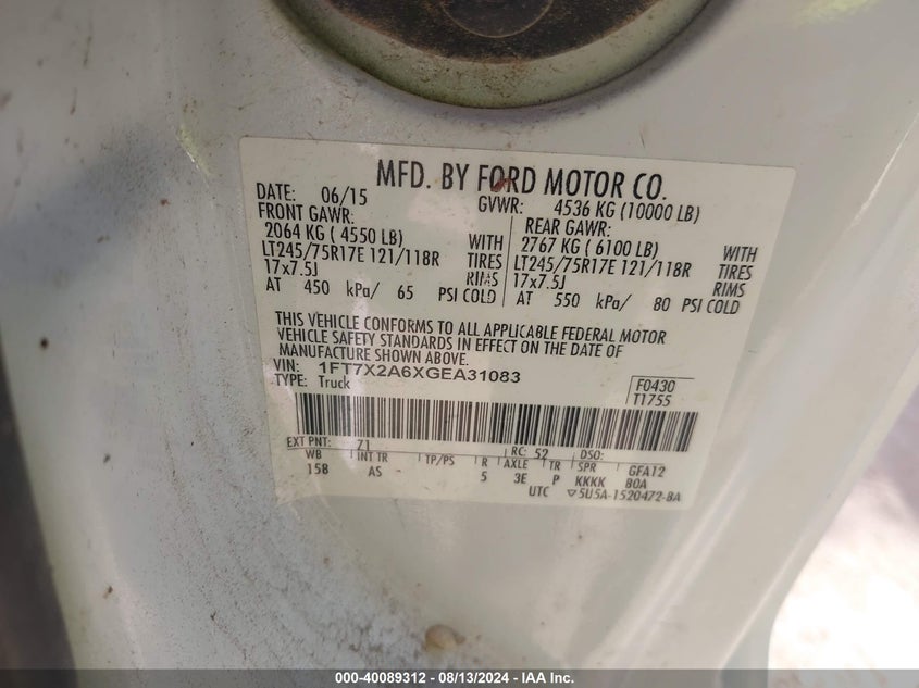 2016 Ford F250 Super Duty VIN: 1FT7X2A6XGEA31083 Lot: 40089312