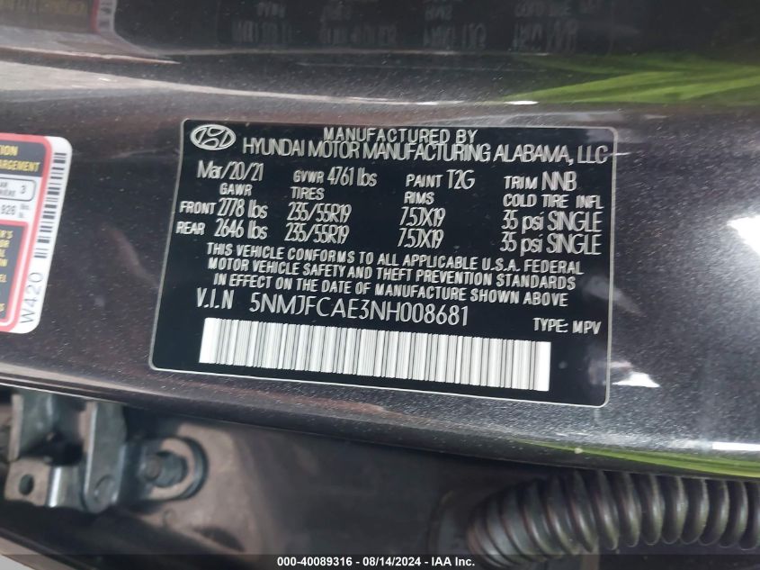 2022 Hyundai Tucson Sel VIN: 5NMJFCAE3NH008681 Lot: 40089316