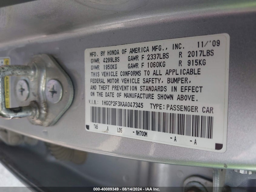 2010 Honda Accord 2.4 Lx VIN: 1HGCP2F3XAA047345 Lot: 40089349
