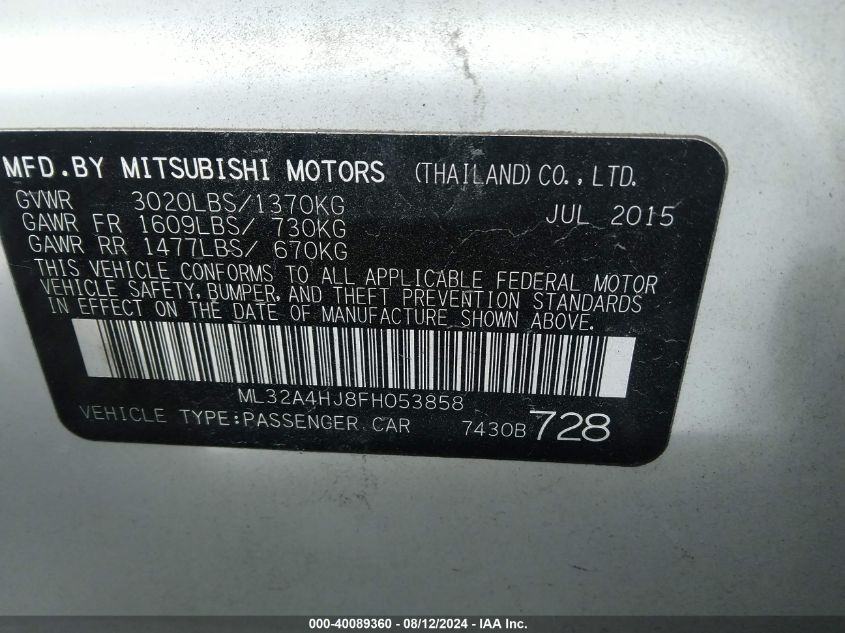 2015 Mitsubishi Mirage Es VIN: ML32A4HJ8FH053858 Lot: 40089360