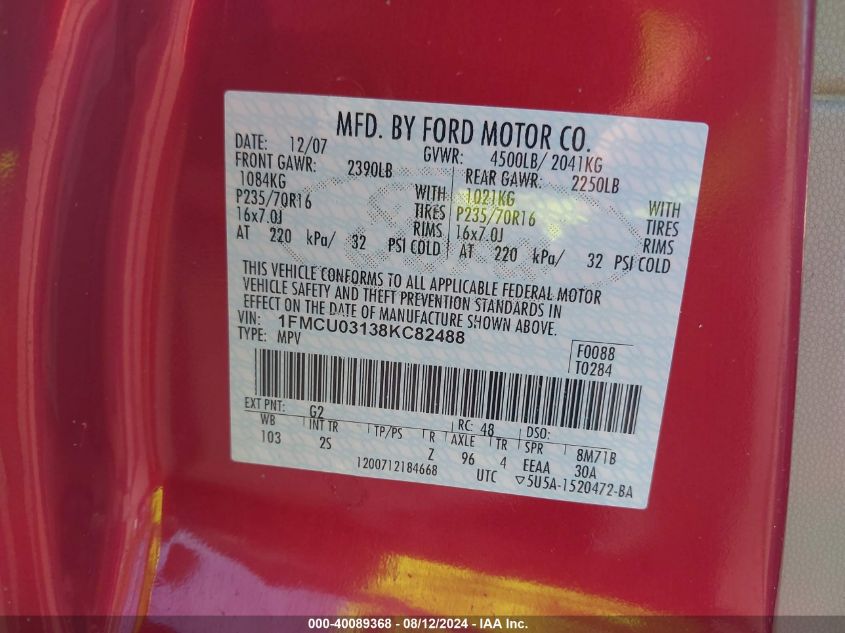 2008 Ford Escape Xlt VIN: 1FMCU03138KC82488 Lot: 40089368