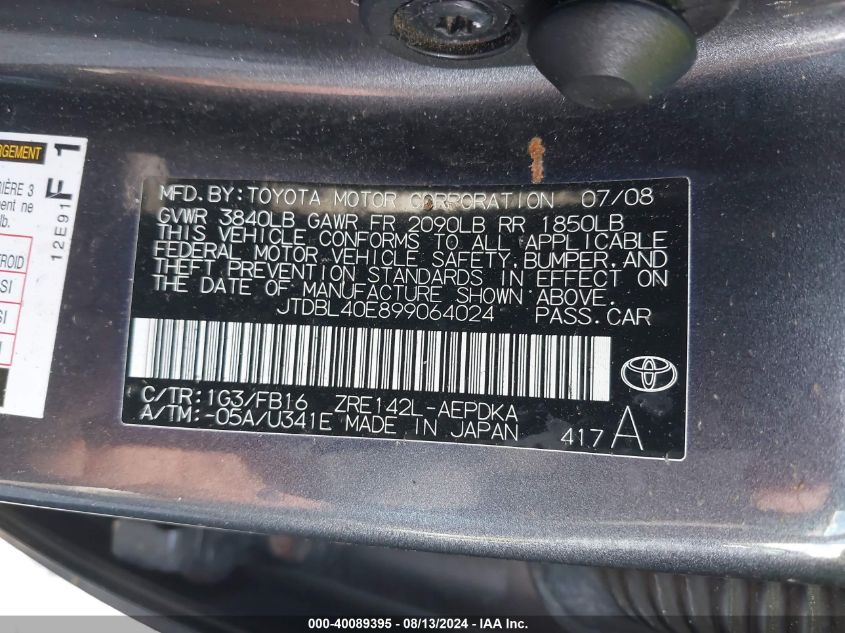 2009 Toyota Corolla Le VIN: JTDBL40E899064024 Lot: 40089395