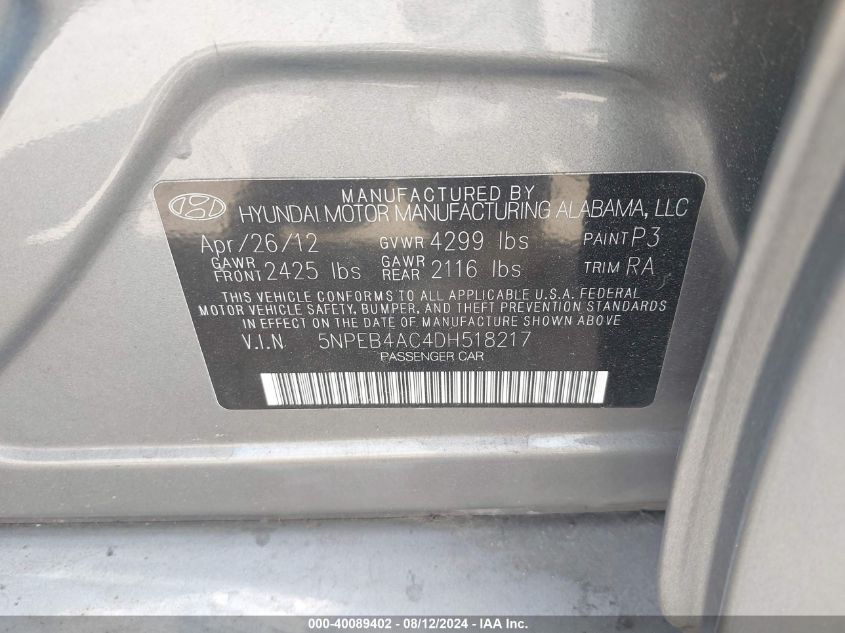 2013 HYUNDAI SONATA GLS - 5NPEB4AC4DH518217