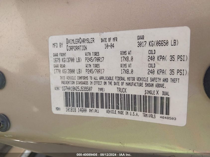 2005 Dodge Ram 1500 Slt/Laramie VIN: 1D7HA18N25J539507 Lot: 40089405