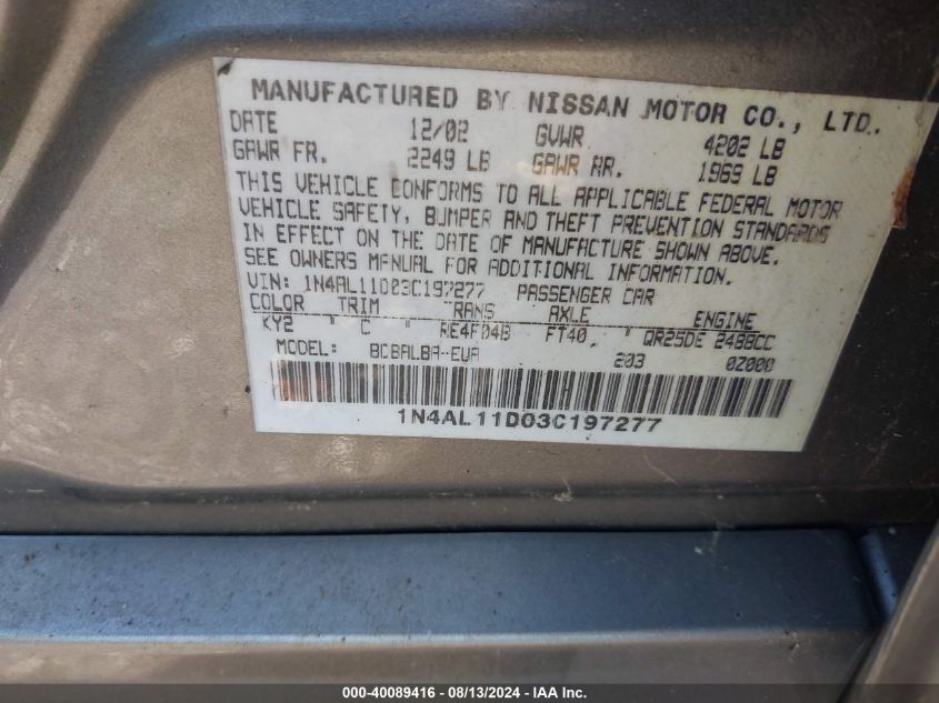 2003 Nissan Altima 2.5 Sl VIN: 1N4AL11D03C197277 Lot: 40089416