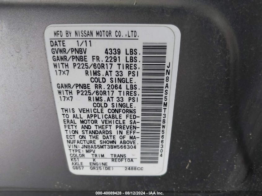 2011 Nissan Rogue Sv VIN: JN8AS5MT3BW566304 Lot: 40089428