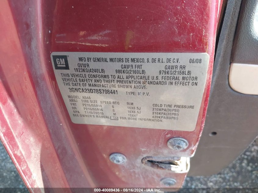 2008 Chevrolet Hhr Lt VIN: 3GNCA23D78S708441 Lot: 40089436