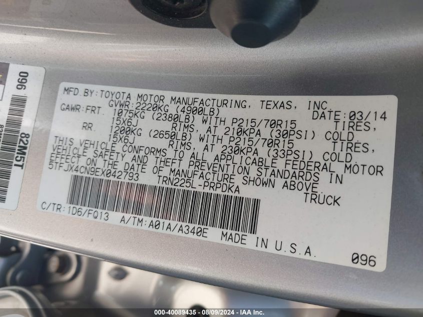 2014 Toyota Tacoma Double Cab VIN: 5TFJX4CN9EX04279 Lot: 40089435