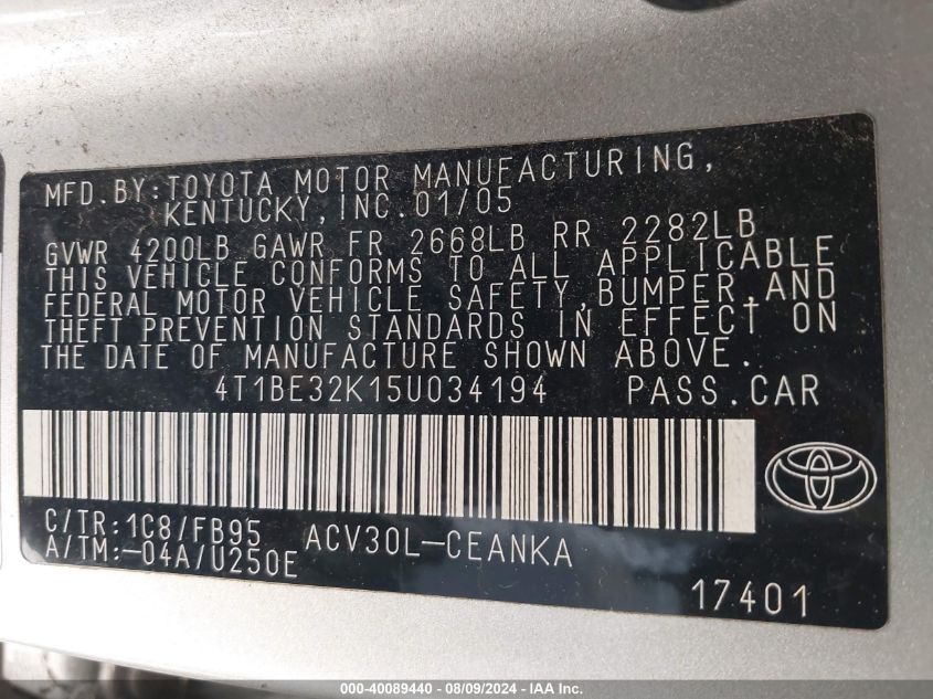 2005 Toyota Camry Le/Se/Std/Xle VIN: 4T1BE32K15U034194 Lot: 40089440