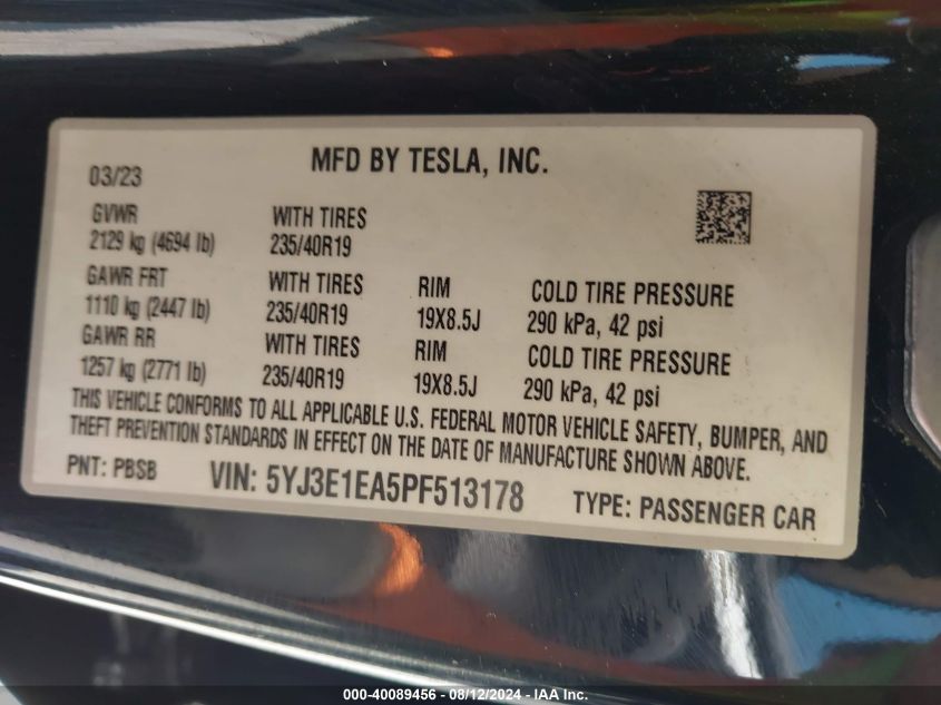 2023 Tesla Model 3 Rear-Wheel Drive VIN: 5YJ3E1EA5PF513178 Lot: 40089456