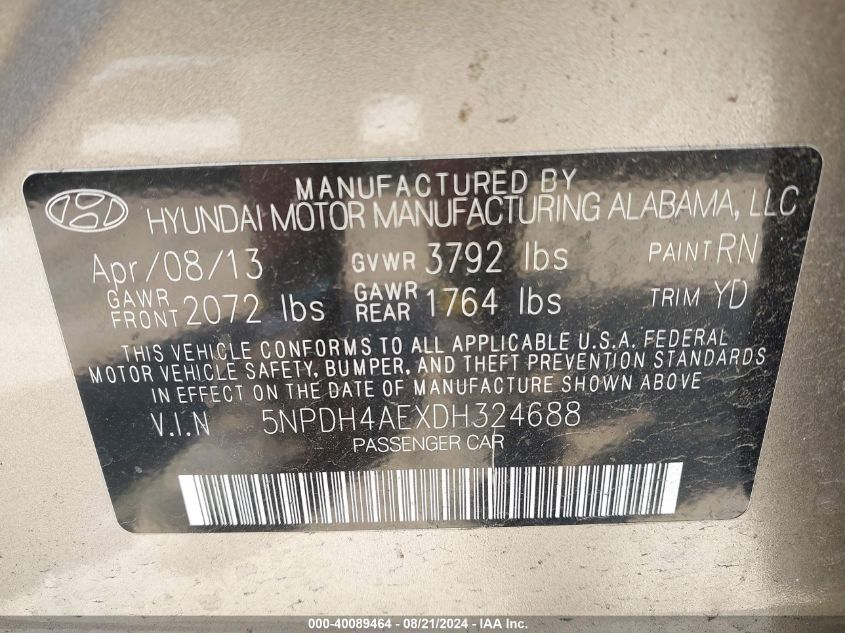 5NPDH4AEXDH324688 2013 Hyundai Elantra Limited