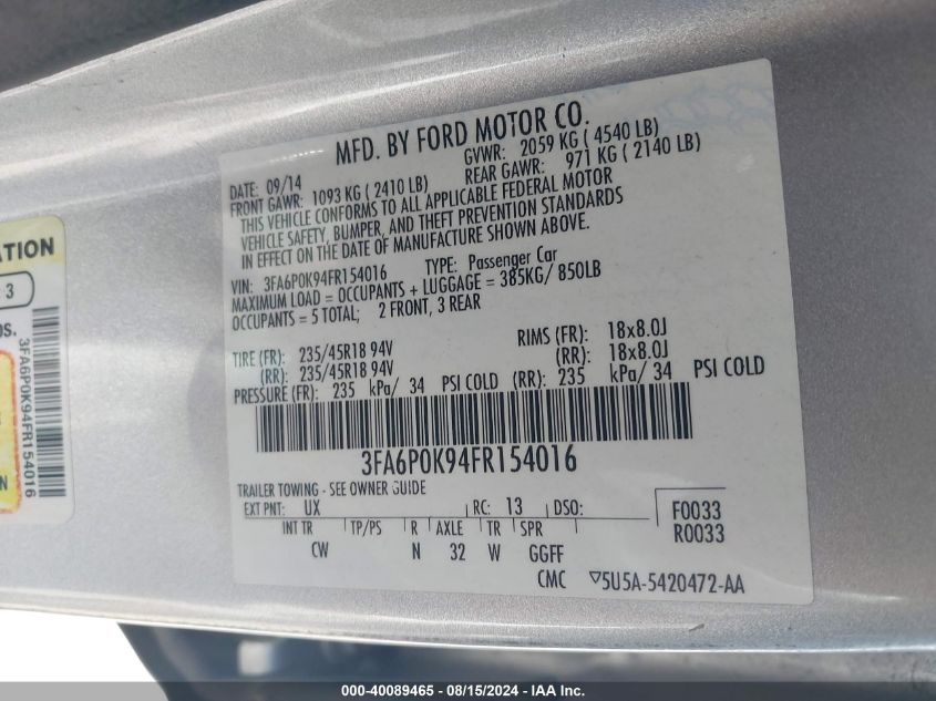 2015 FORD FUSION TITANIUM - 3FA6P0K94FR154016