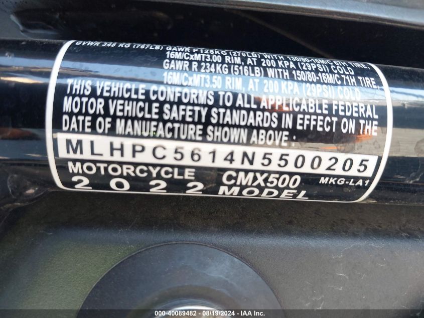 2022 Honda Cmx500 VIN: MLHPC5614N5500205 Lot: 40089482