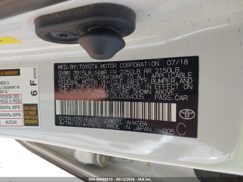 2018 Toyota Prius Four VIN: JTDKARFU3J3064005 Lot: 40089510