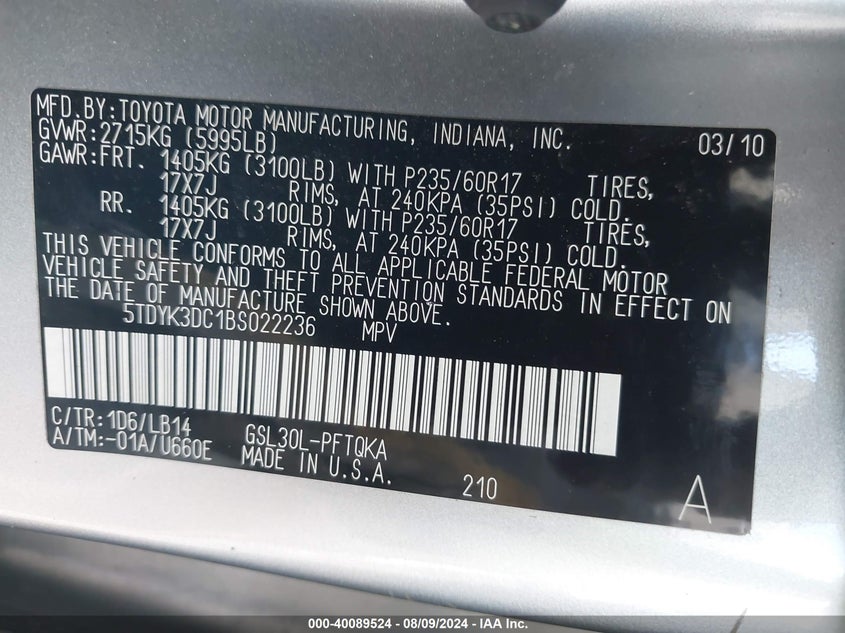 2011 Toyota Sienna Xle V6/Xle V6 Auto Access Seat VIN: 5TDYK3DC1BS022236 Lot: 40089524