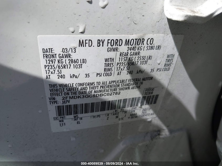 2013 Ford Edge Se VIN: 2FMDK3GC5DBC02782 Lot: 40089539