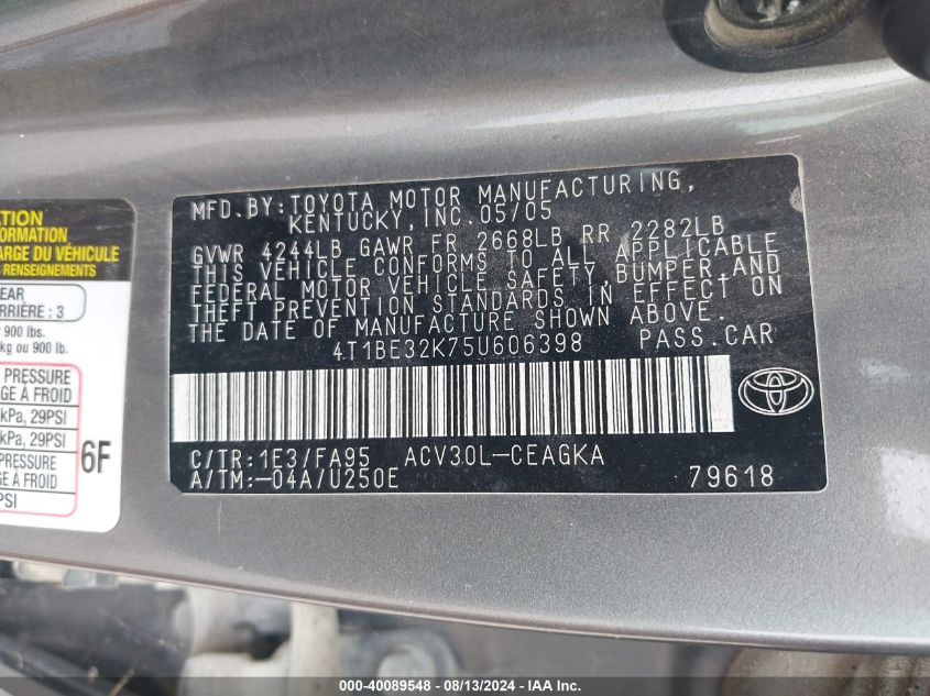 2005 Toyota Camry Xle VIN: 4T1BE32K75U606398 Lot: 40089548