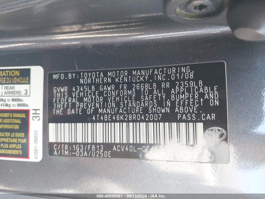 2008 Toyota Camry Le VIN: 4T4BE46K28R042007 Lot: 40089561
