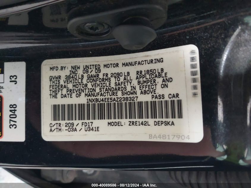 2010 Toyota Corolla S VIN: 1NXBU4EE5AZ238327 Lot: 40089586