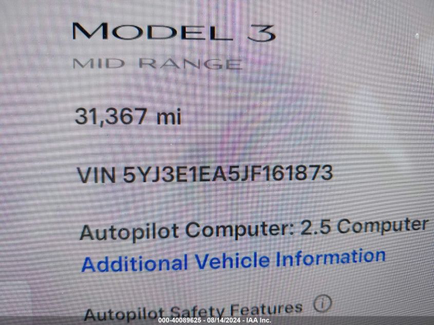 2018 Tesla Model 3 Long Range/Mid Range VIN: 5YJ3E1EA5JF161873 Lot: 40089625