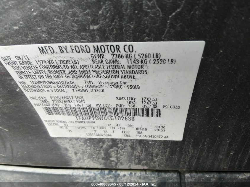 2012 Ford Taurus Se VIN: 1FAHP2DW6CG102638 Lot: 40089645