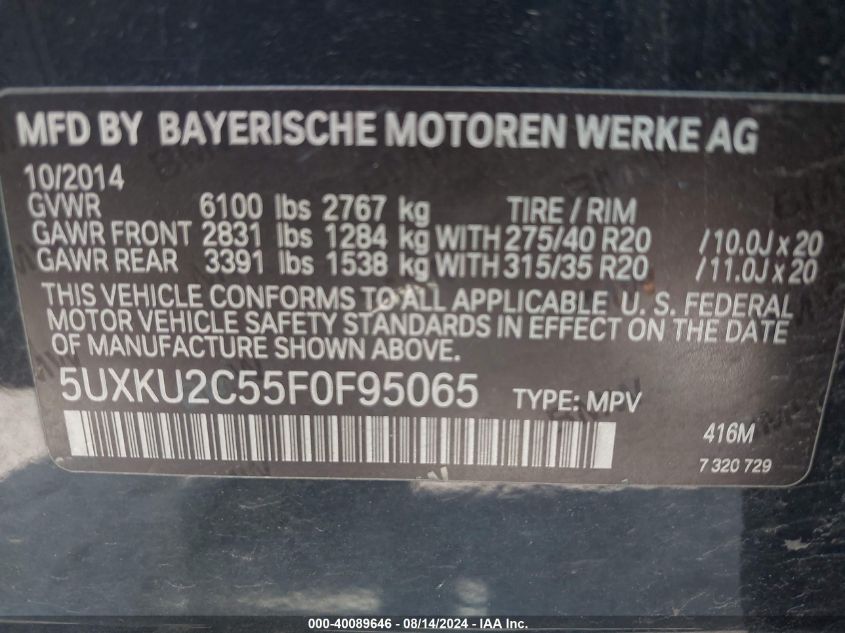 VIN 5UXKU2C55F0F95065 2015 BMW X6, Xdrive35I no.9