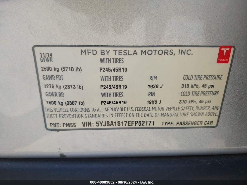 5YJSA1S17EFP62171 2014 Tesla Model S