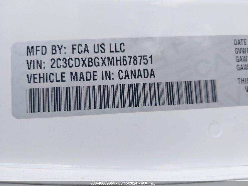 2021 Dodge Charger Sxt Rwd VIN: 2C3CDXBGXMH678751 Lot: 40089661