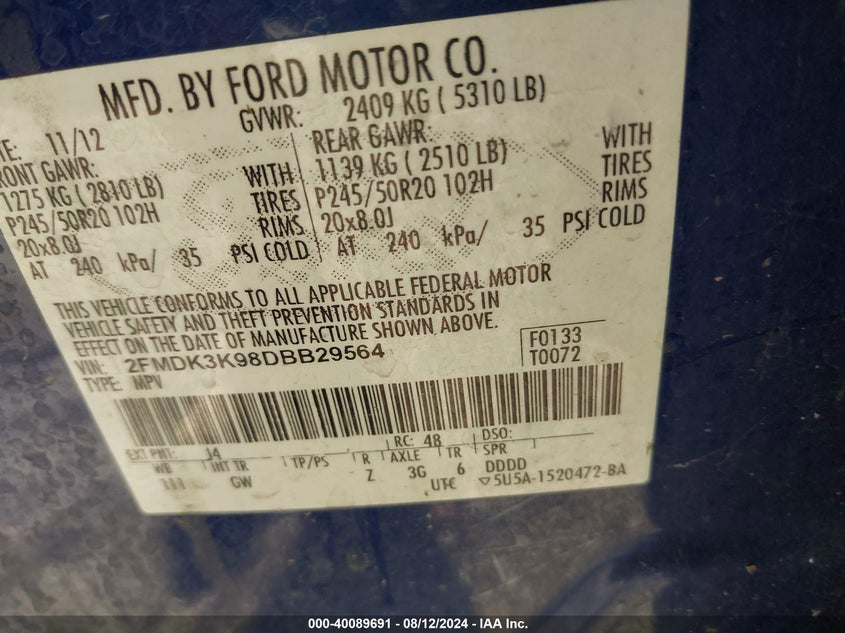 2013 Ford Edge Limited VIN: 2FMDK3K98DBB29564 Lot: 40089691