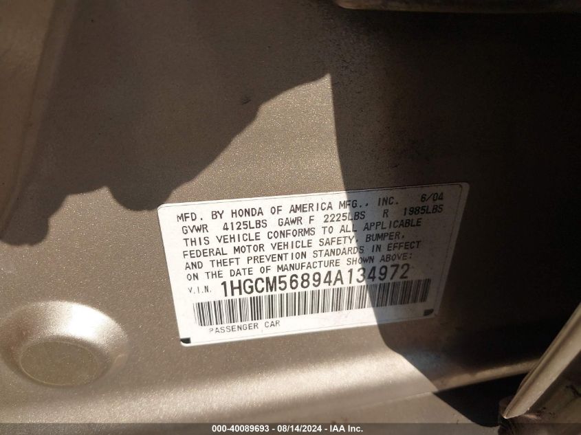2004 Honda Accord 2.4 Ex VIN: 1HGCM56894A134972 Lot: 40089693