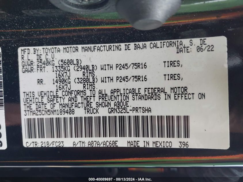 2022 Toyota Tacoma Sr5 V6 VIN: 3TMAZ5CN5NM189408 Lot: 40089697