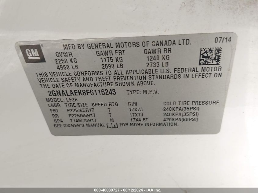 2GNALAEK8F6116243 2015 Chevrolet Equinox Ls