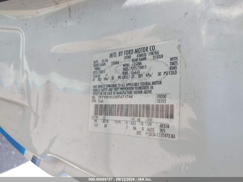 2006 Ford Ranger Sport/Stx/Xl/Xlt VIN: 1FTYR10U36PA71744 Lot: 40089757