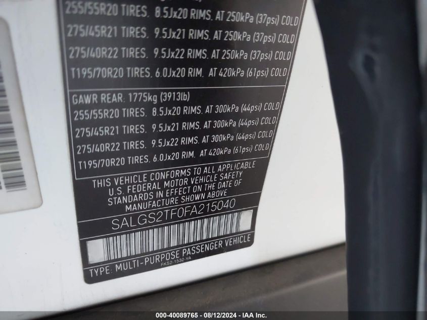 2015 Land Rover Range Rover 5.0L V8 Supercharged VIN: SALGS2TF0FA215040 Lot: 40089765