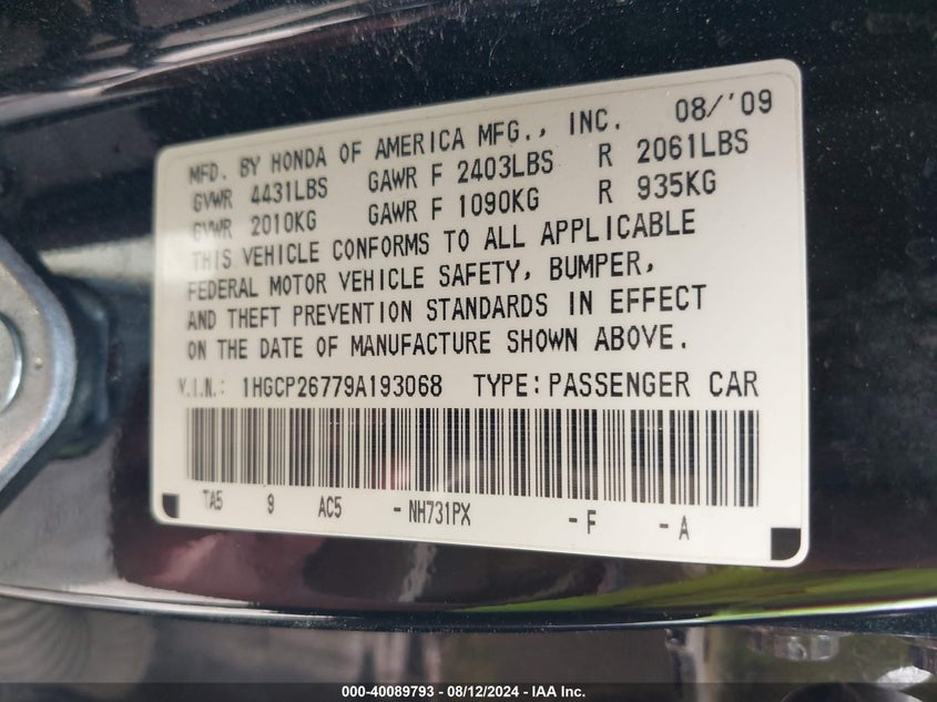 2009 Honda Accord 2.4 Ex VIN: 1HGCP26779A193068 Lot: 40089793