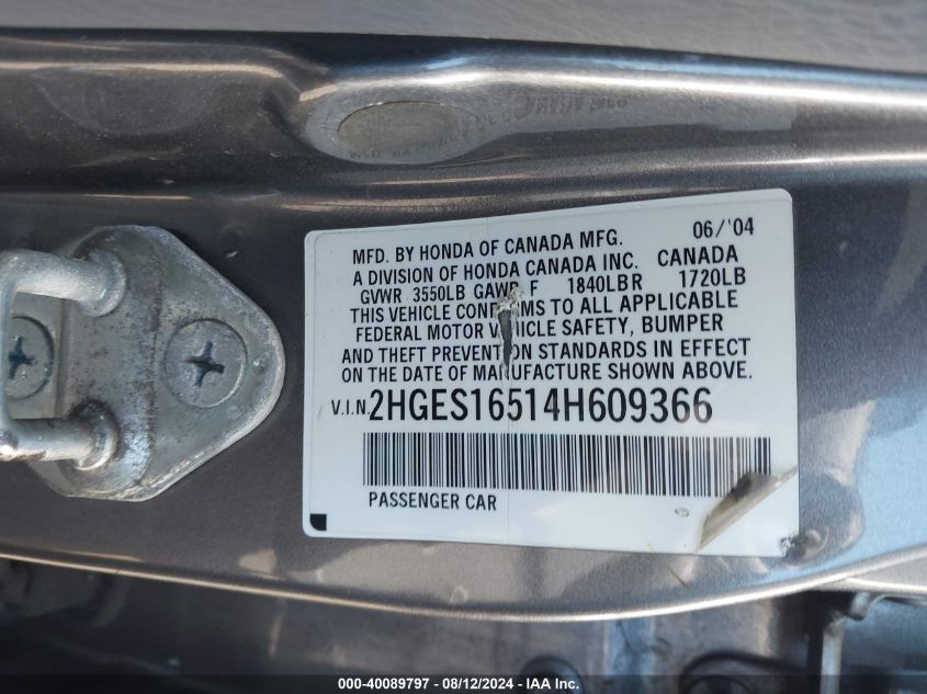 2004 Honda Civic Lx VIN: 2HGES16514H609366 Lot: 40089797