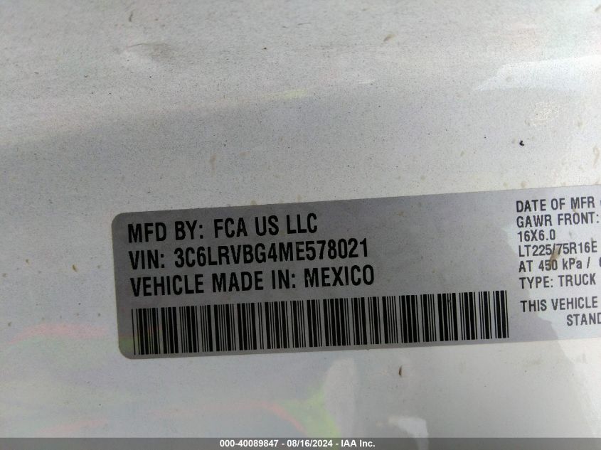 3C6LRVBG4ME578021 2021 Ram Promaster 1500 High Roof 136 Wb