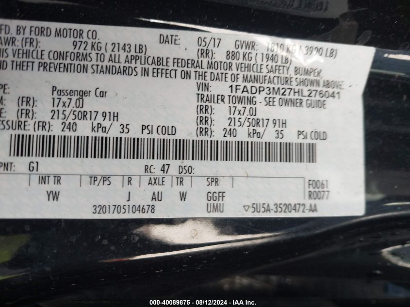 1FADP3M27HL276041 2017 Ford Focus Sel