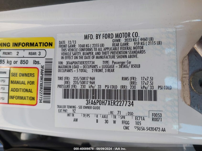 2014 Ford Fusion Se VIN: 3FA6P0H7XER227734 Lot: 40089878