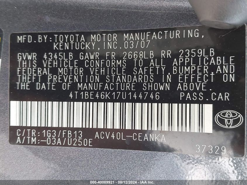 2007 Toyota Camry Le VIN: 4T1BE46K17U144746 Lot: 40089921
