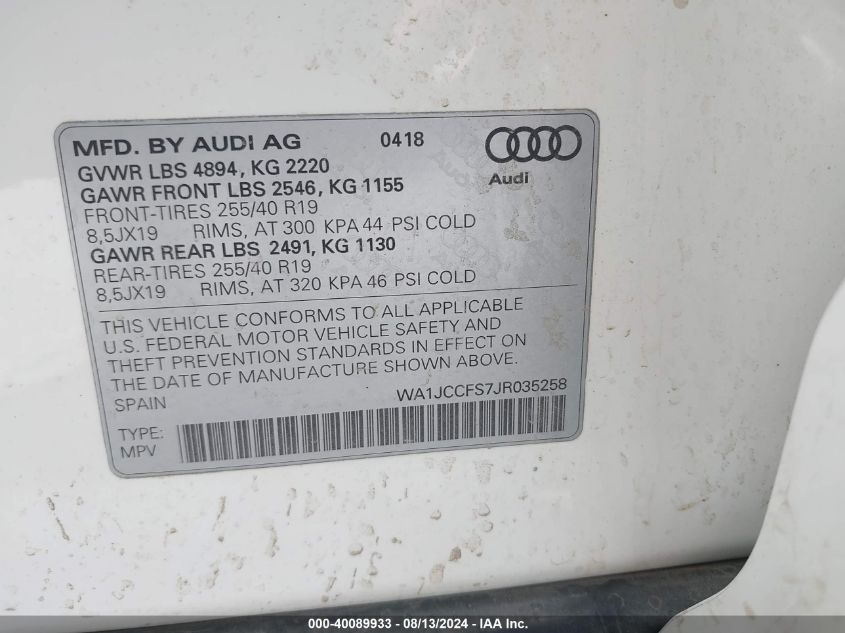 WA1JCCFS7JR035258 2018 Audi Q3 2.0T Sport Premium